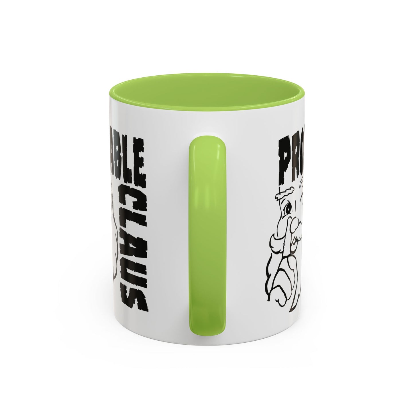 White mug with green interior and handle, featuring text and a logo on a white background