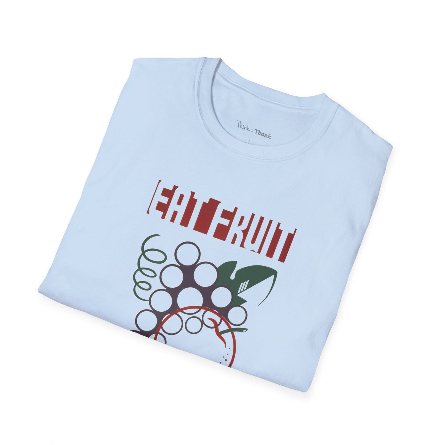Folded light blue Think a Thunk Unisex Eat Fruit Be Healthy T-Shirt on a white background