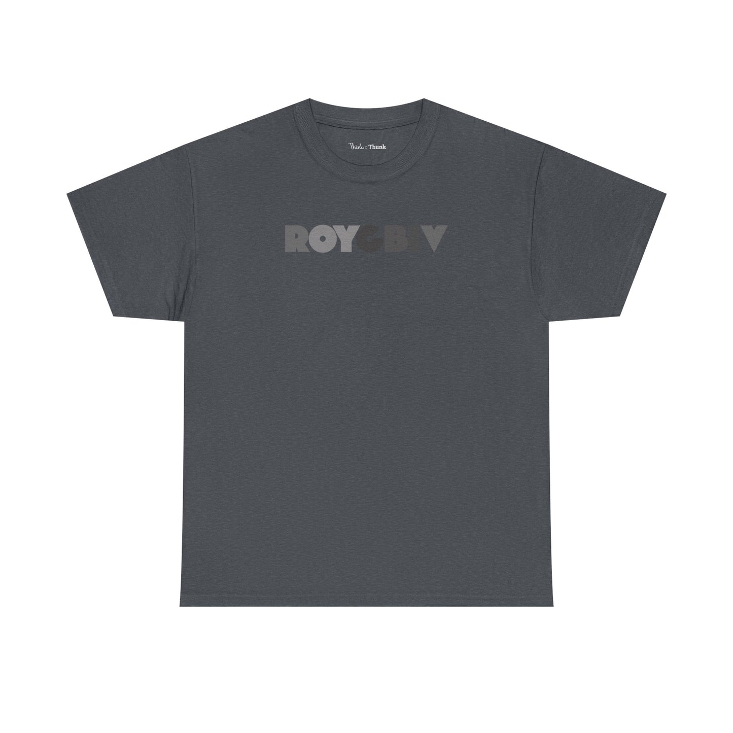 Gray t-shirt with 'ROYGBIV' graphic - on a white background
