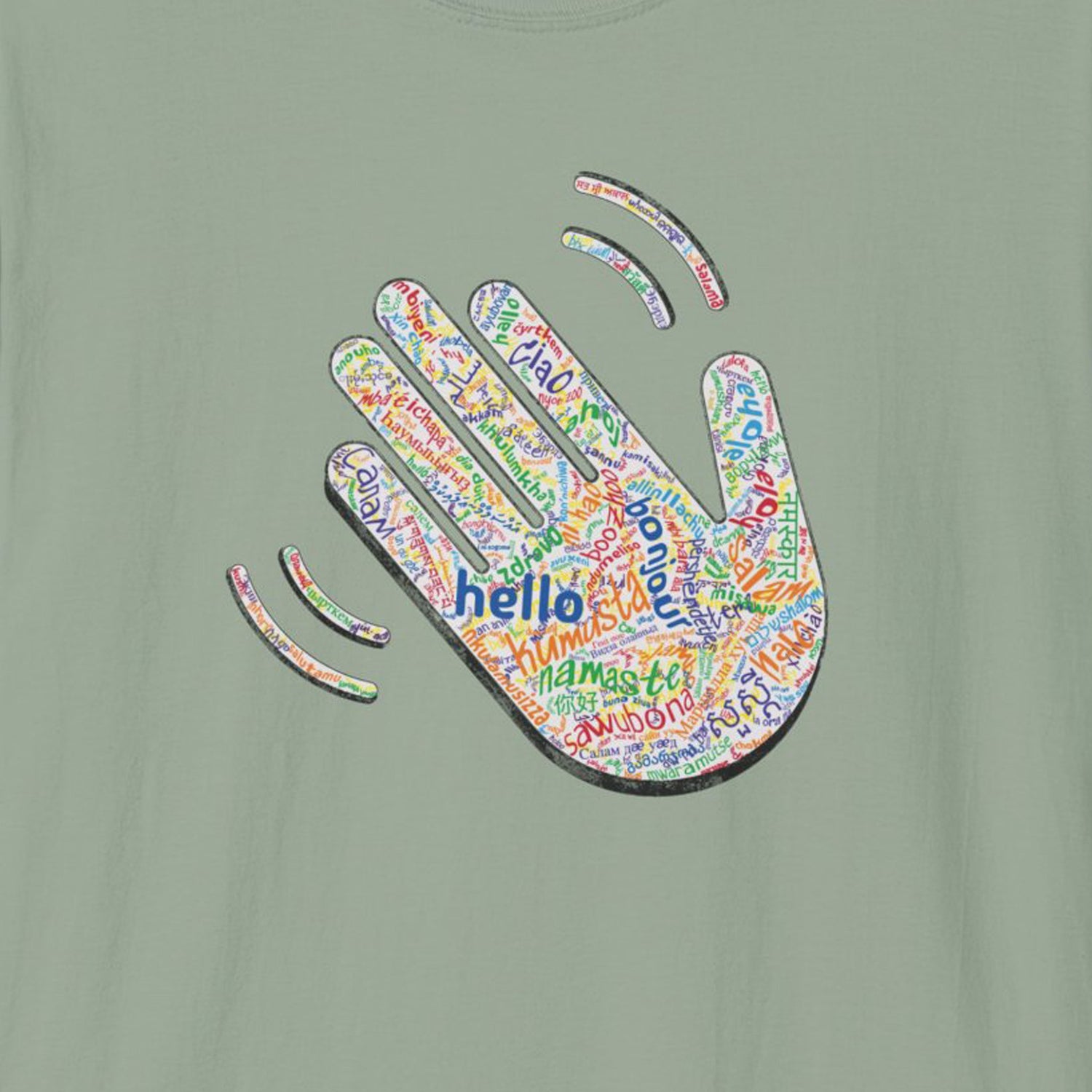 Close up of colorful graphic of waving hand, filled with greetings from many languages