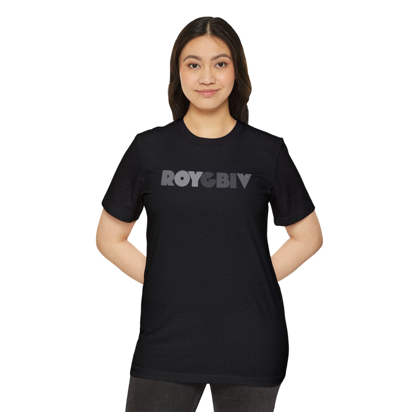 Person wearing a black t-shirt with 'ROYGBIV' text on a white background
