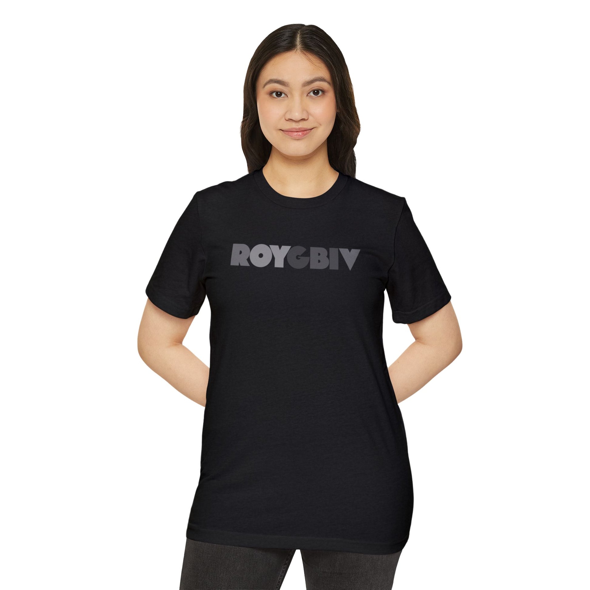Person wearing a black t-shirt with 'ROYGBIV' text on a white background