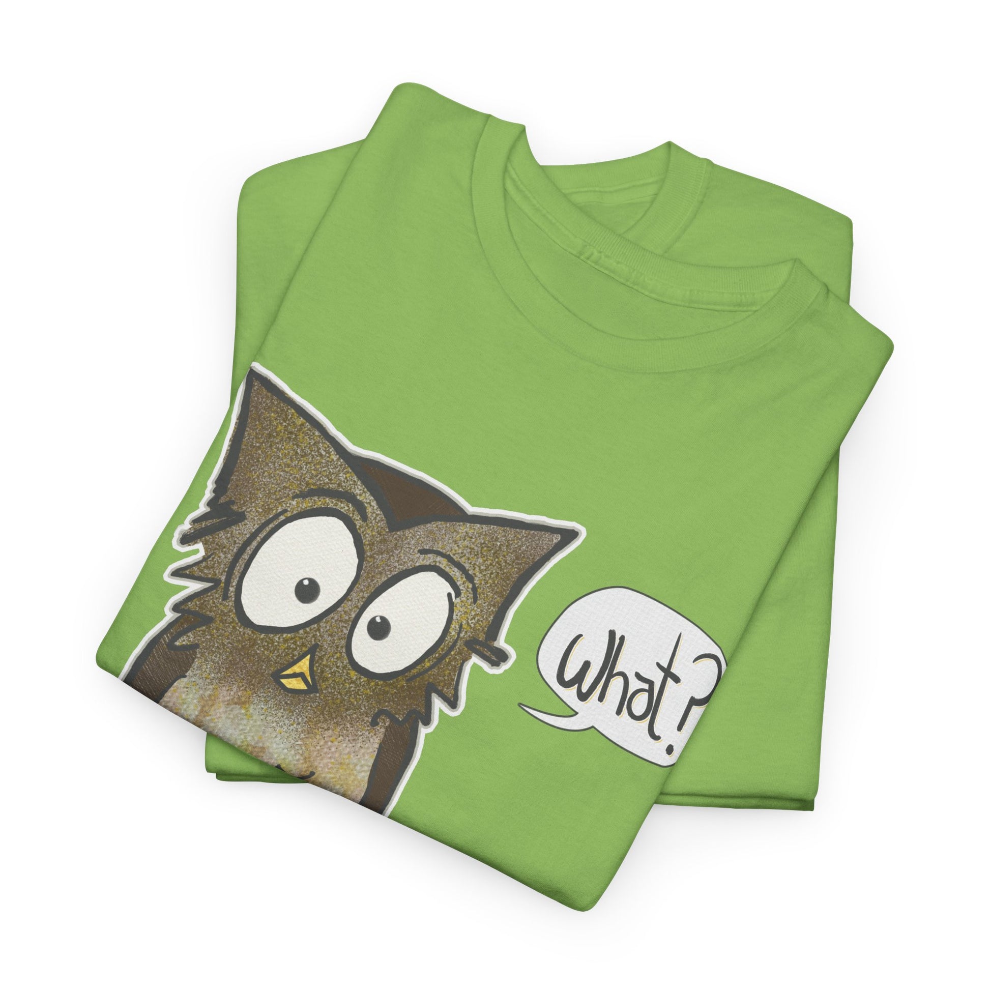 folded lime T-shirt with perplexed owl saying "What?"