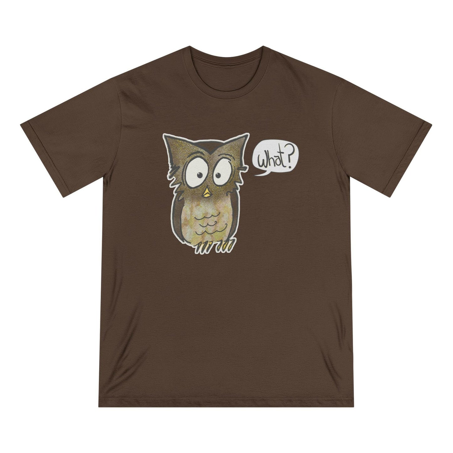 Brown t-shirt with an owl graphic and 'What?' speech bubble on a white background