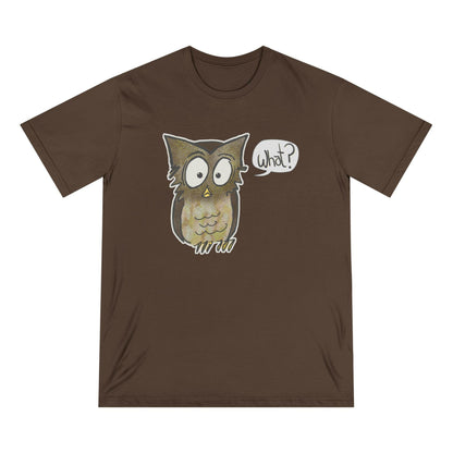 Brown t-shirt with an owl graphic and 'What?' speech bubble on a white background