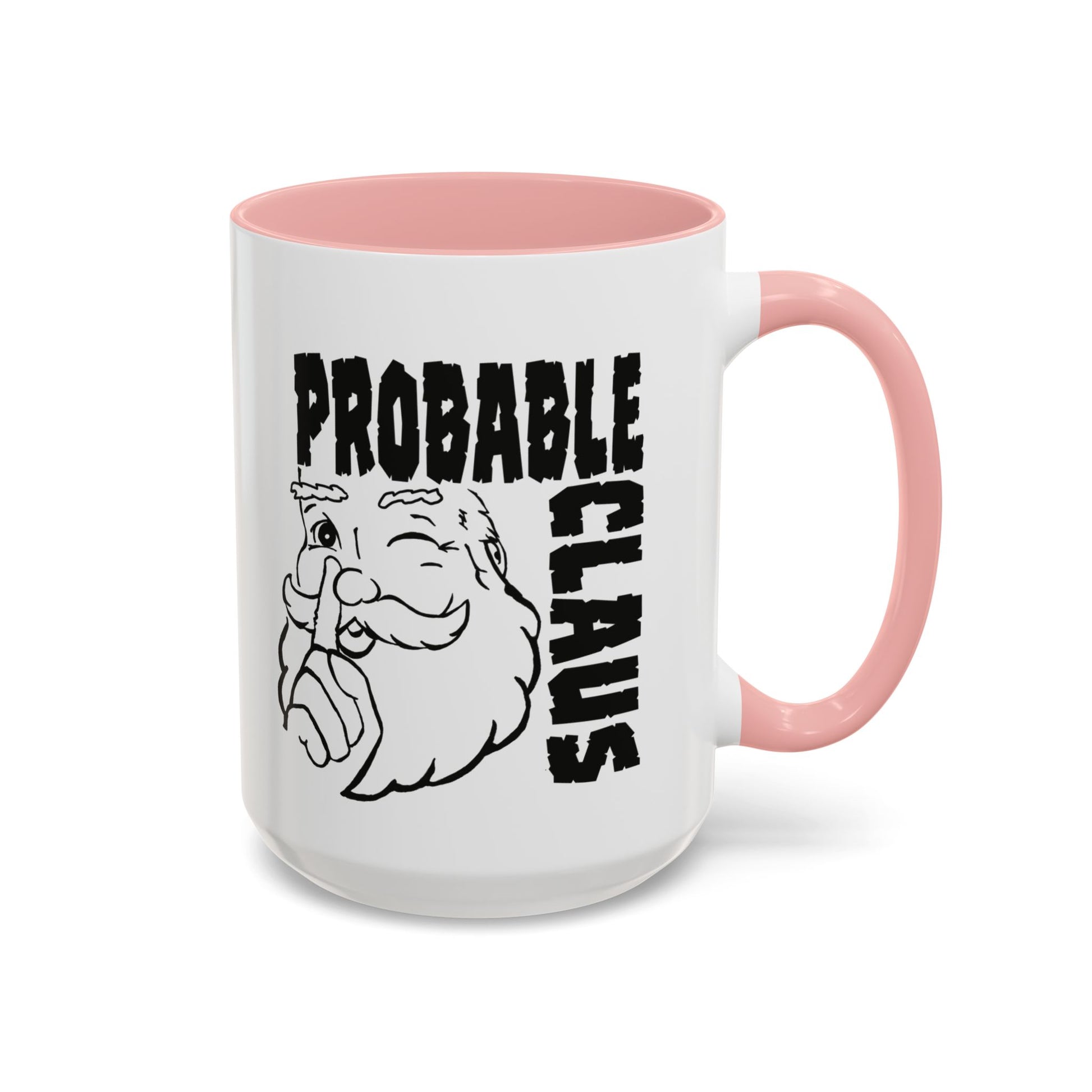 Mug with 'Probable Claus' text and cartoon character on a white background
