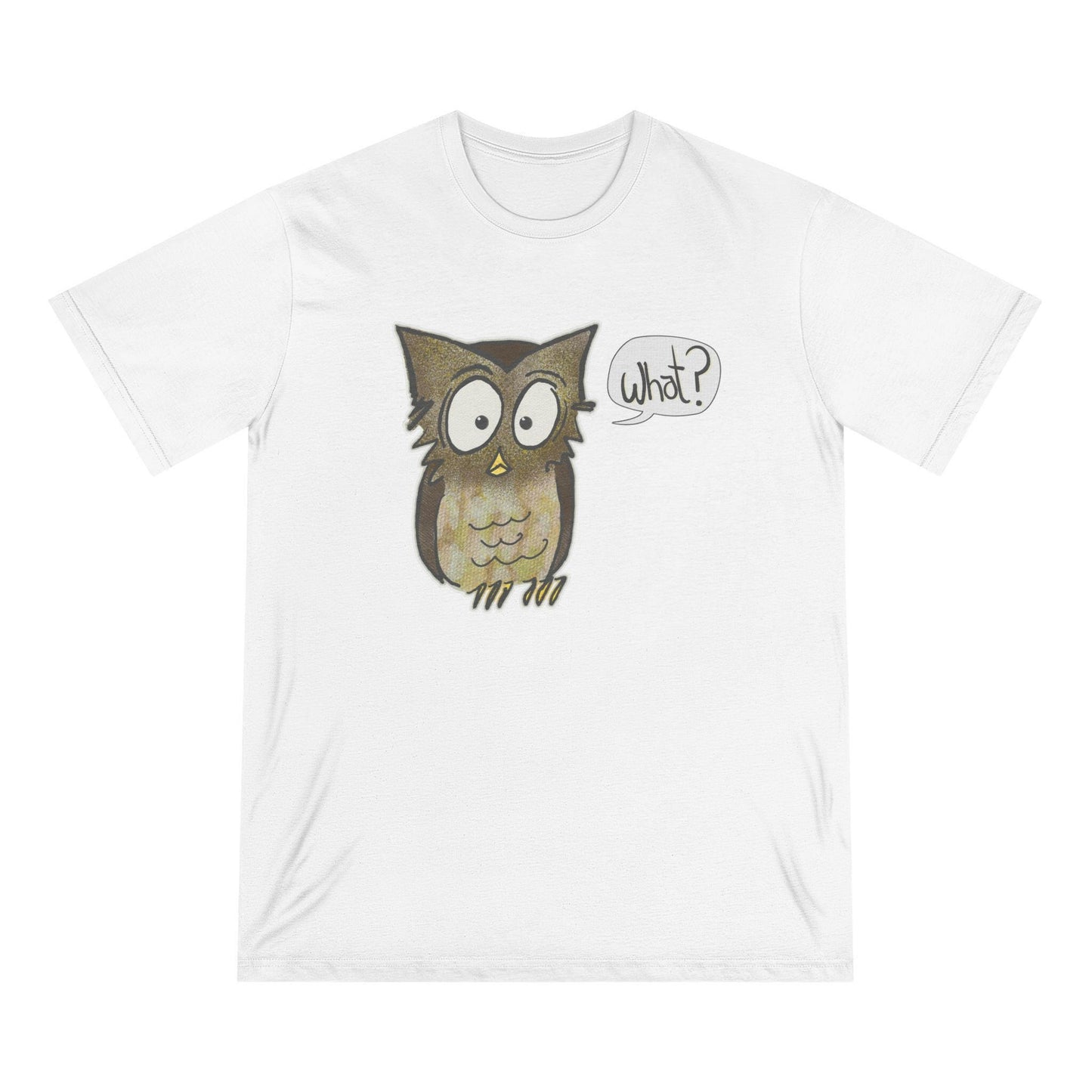 White t-shirt with an owl graphic and 'what?' speech bubble on a white background