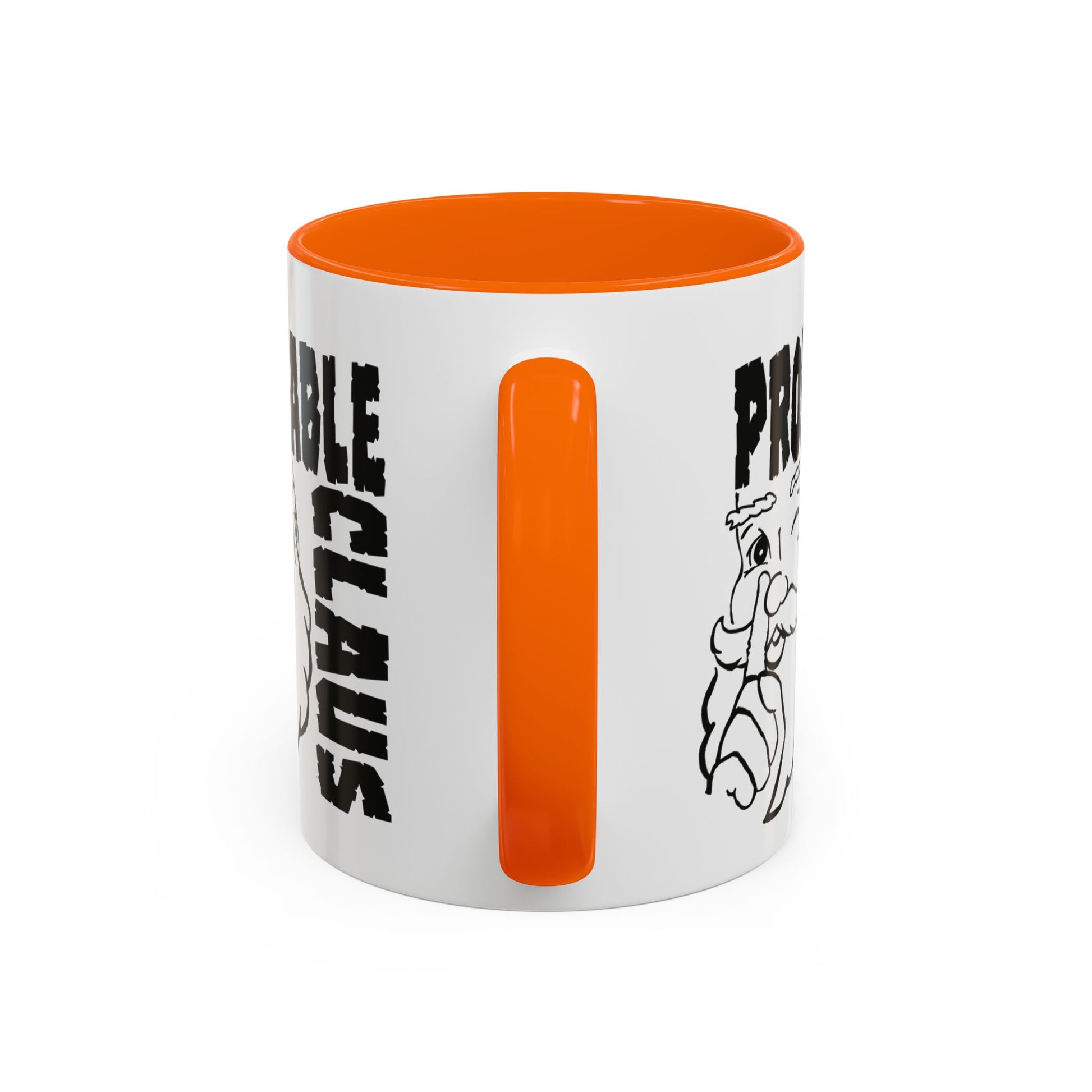 White mug with orange interior and handle, featuring text and a graphic on a white background