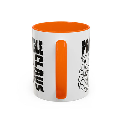 White mug with orange interior and handle, featuring text and a graphic on a white background