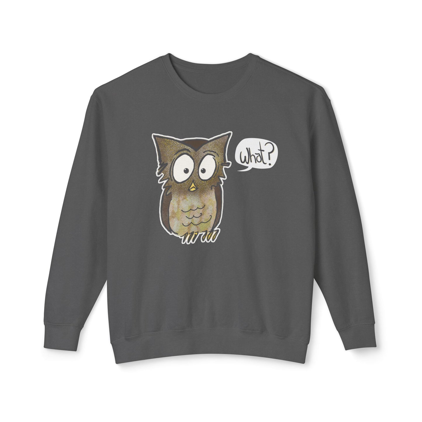 Gray sweatshirt with an owl graphic and 'What?' speech bubble on a white background