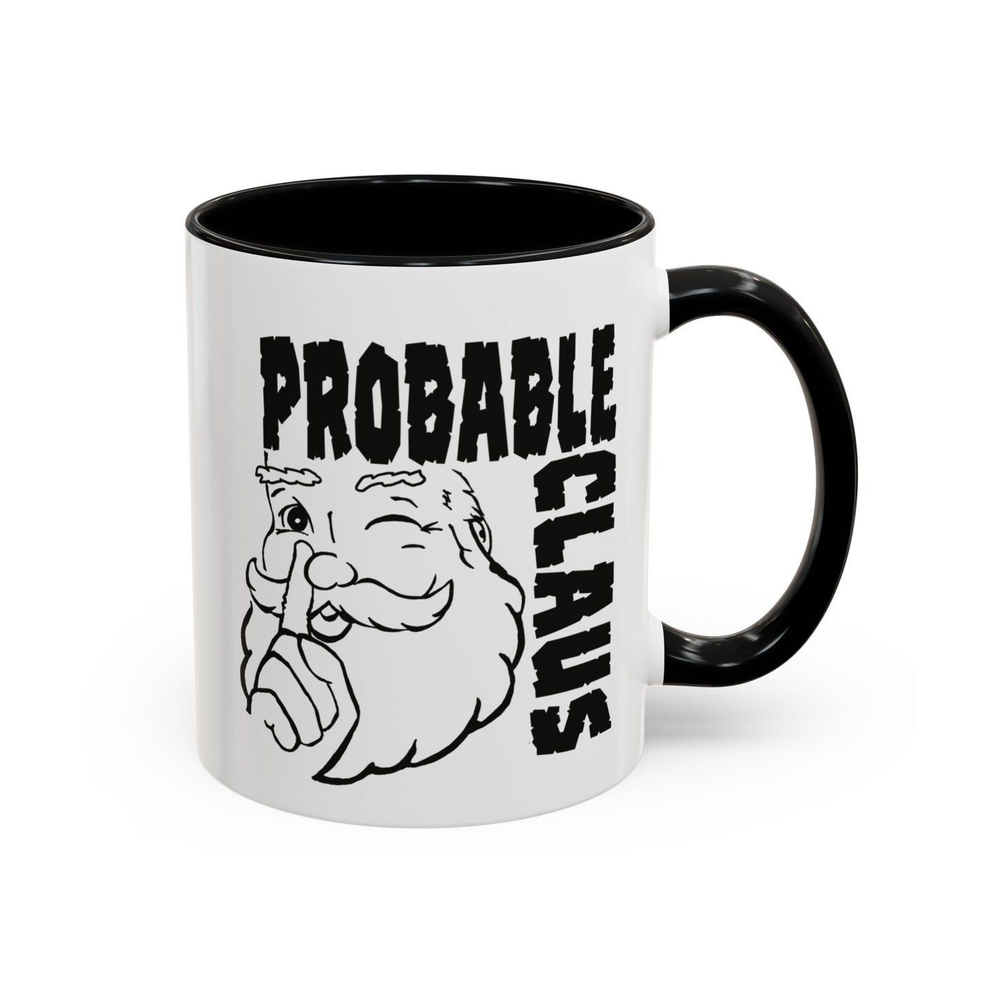 Mug with 'Probable Claus' text and Santa Claus illustration on a white background
