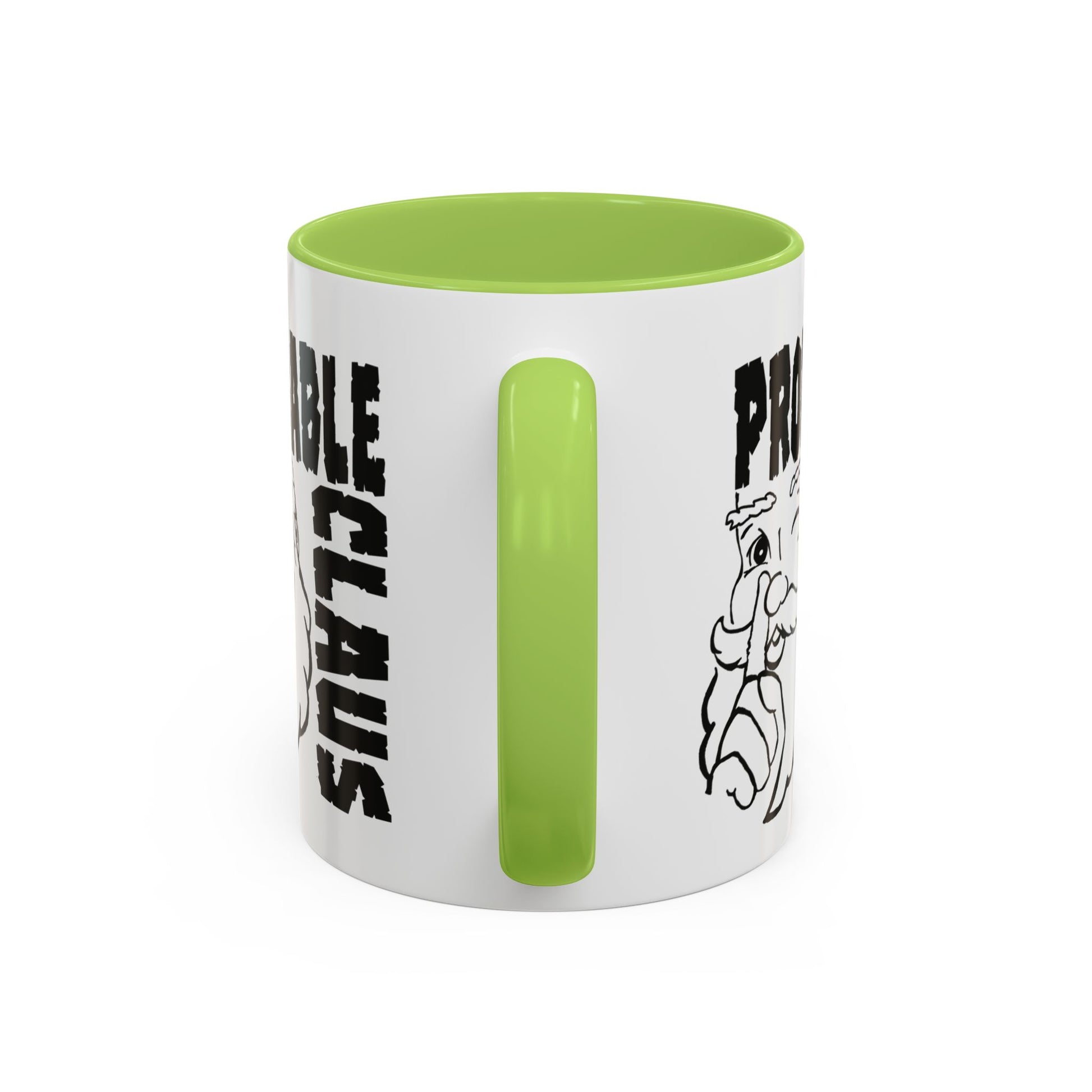 White mug with green interior and handle, featuring text and a logo on a white background