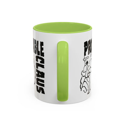 White mug with green interior and handle, featuring text and a logo on a white background