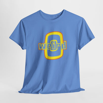 Blue t-shirt with 'weird' graphic design on a light gray background