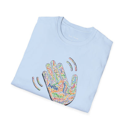 Folded light blue T-shirt with a colorful hand graphic filled with greetings from many languages - on a white background