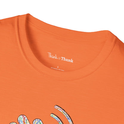 Close-up of an orange t-shirt with 'Think a Thunk' branding on a white background