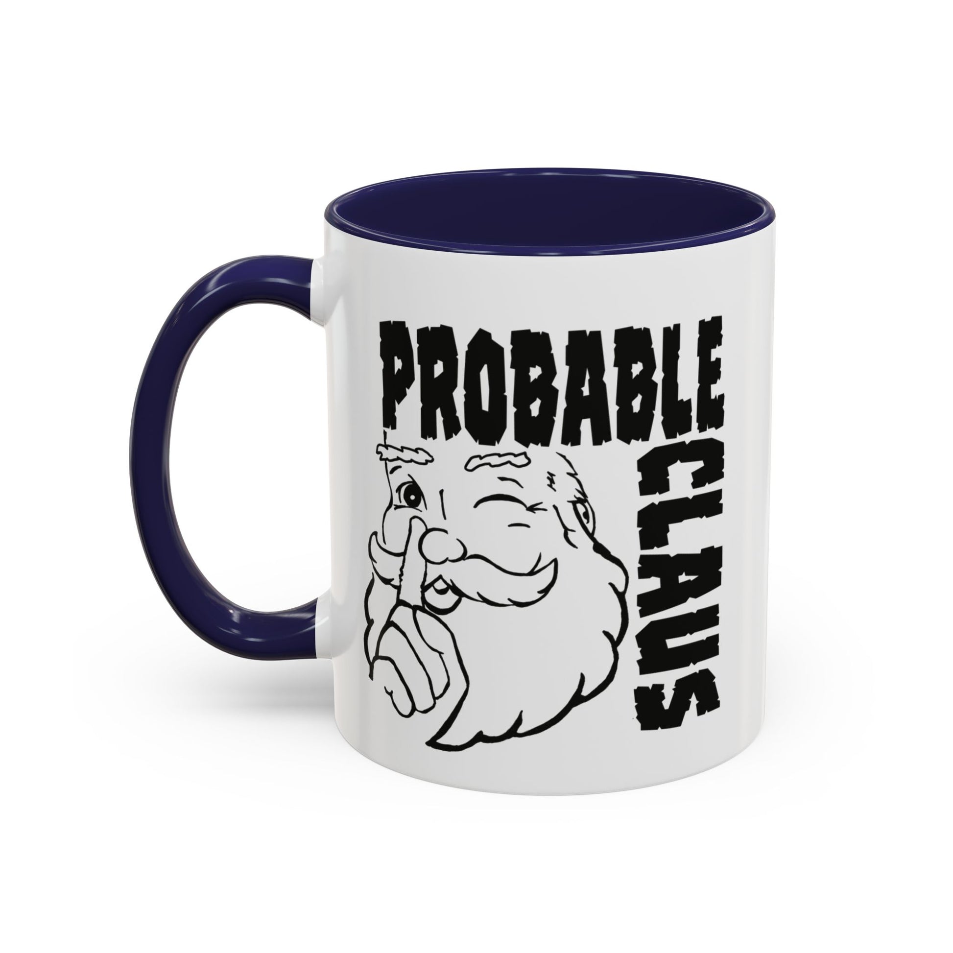 Mug with 'Probable Claus' text and Santa Claus illustration on a white background