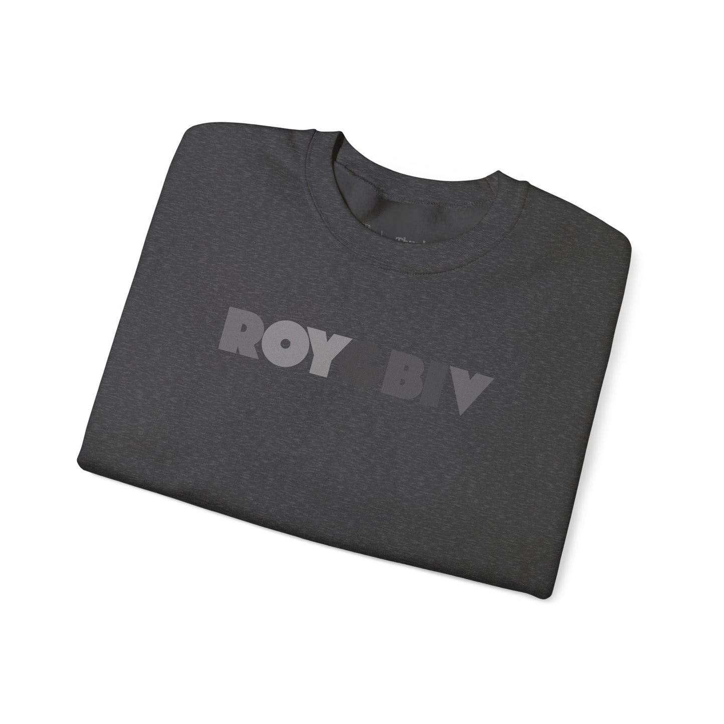 Folded dark gray t-shirt with 'ROYGBIV'  text on a white background