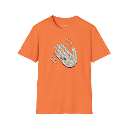Orange T-shirt with a colorful hand graphic filled with greetings from many languages - on a white background