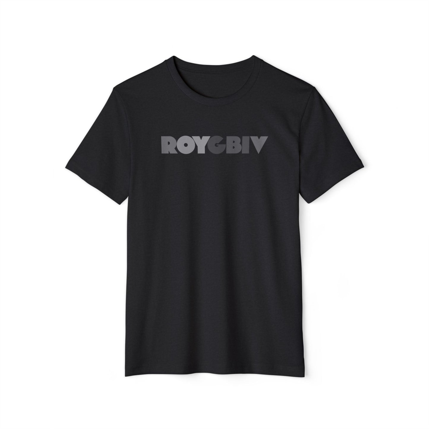 Black t-shirt with 'ROYGBIV' text on a white background