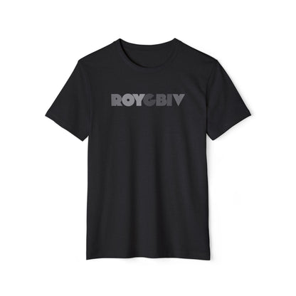 Black t-shirt with 'ROYGBIV' text on a white background