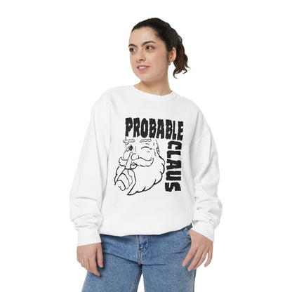Person wearing a white sweatshirt with 'Probable Claus' graphic design on a white background