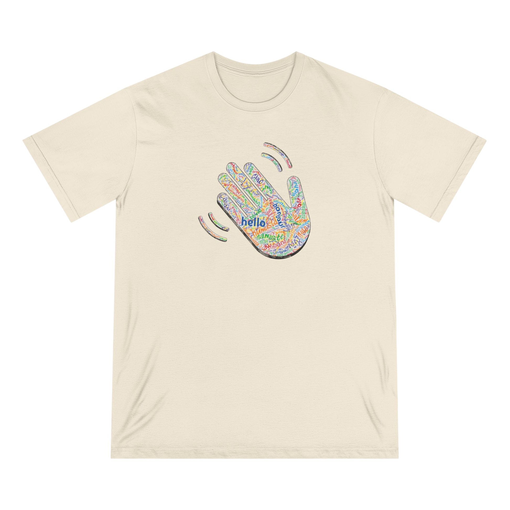 Beige t-shirt with colorful hand graphic and 'hello' text on a white background