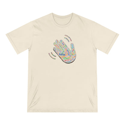 Beige t-shirt with colorful hand graphic and 'hello' text on a white background