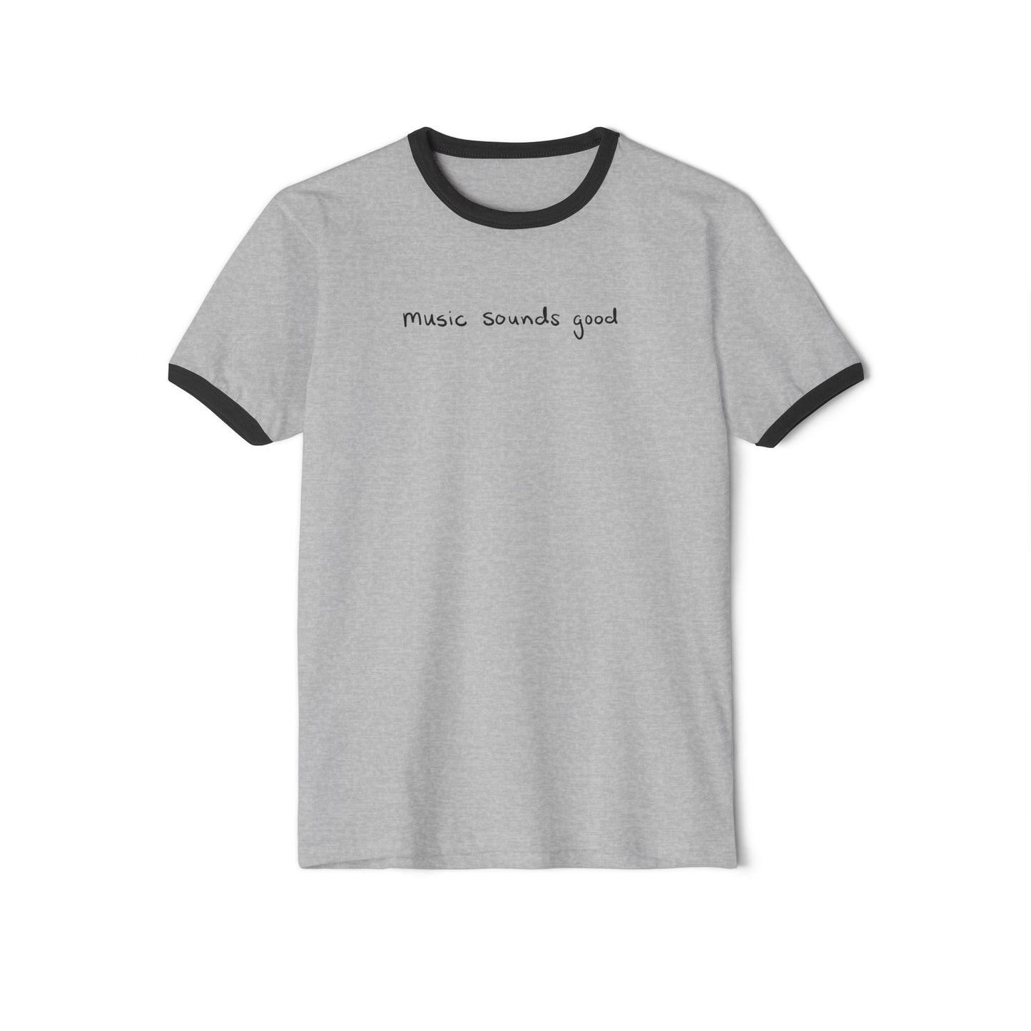 Gray ringer t-shirt with black trim and the text 'music souunds good', on a white background