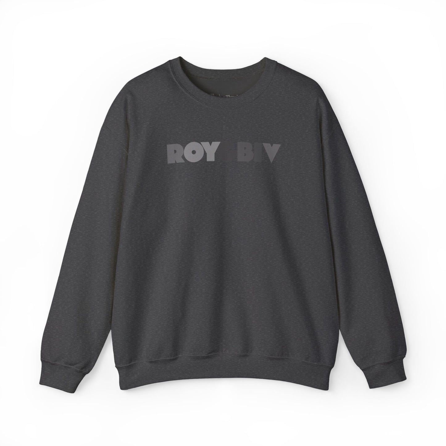 Dark gray sweatshirt with 'ROYGBIV'  text on a white background