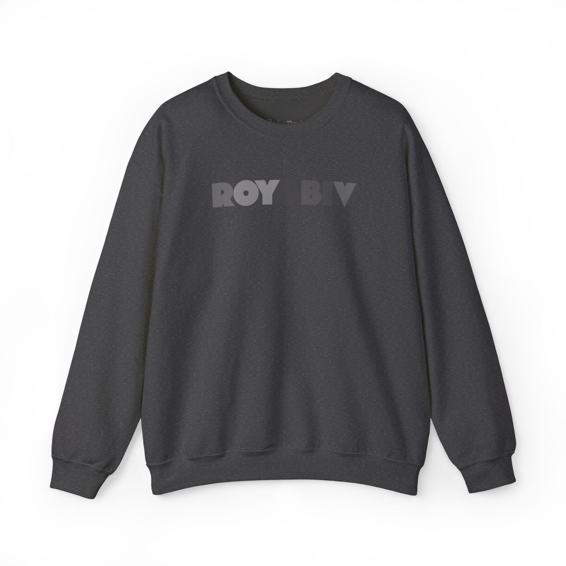Dark gray sweatshirt with 'ROYGBIV'  text on a white background