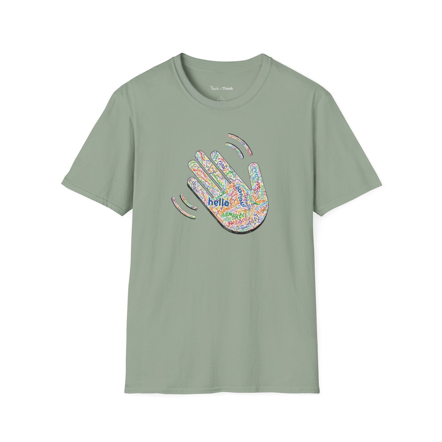 Green T-shirt with a colorful hand graphic filled with greetings from many languages - on a white background