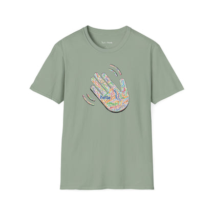 Green T-shirt with a colorful hand graphic filled with greetings from many languages - on a white background