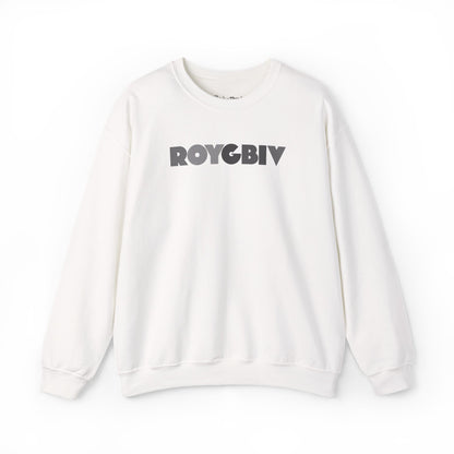 White sweatshirt with 'ROYGBIV' text on a white background