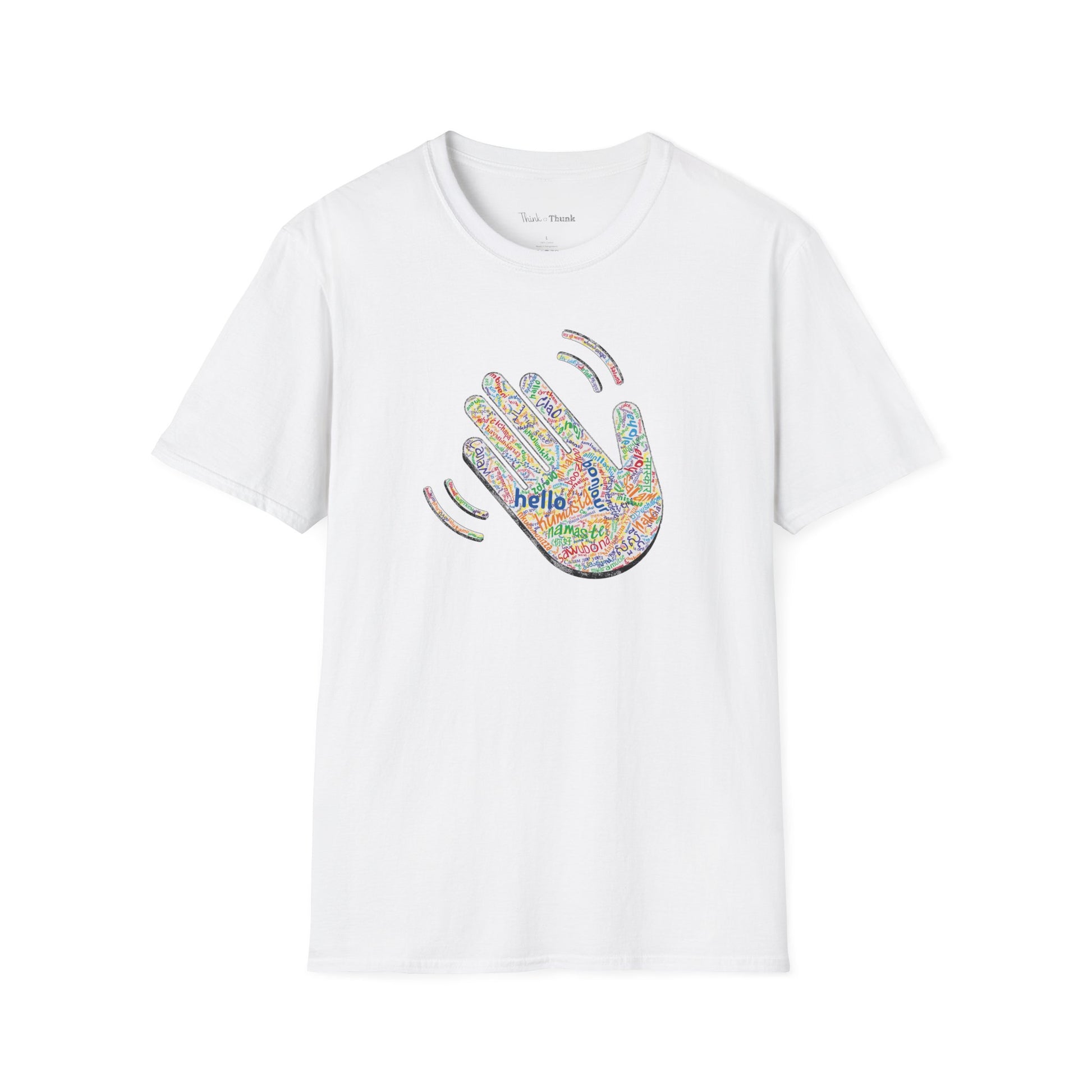 White T-shirt with a colorful hand graphic filled with greetings from many languages - on a white background