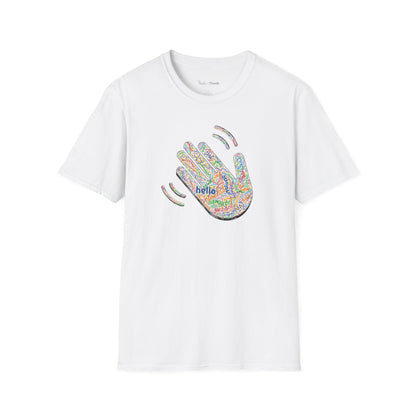 White T-shirt with a colorful hand graphic filled with greetings from many languages - on a white background