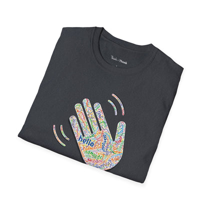 Folded dark gray T-shirt with a colorful hand graphic filled with greetings from many languages - on a white background