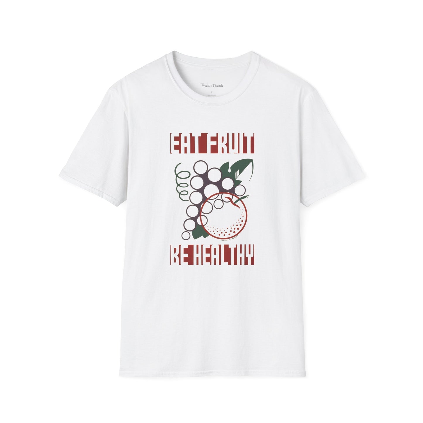 White t-shirt with a graphic design and the text "EAT FRUIT BE HEALTHY" on a white background