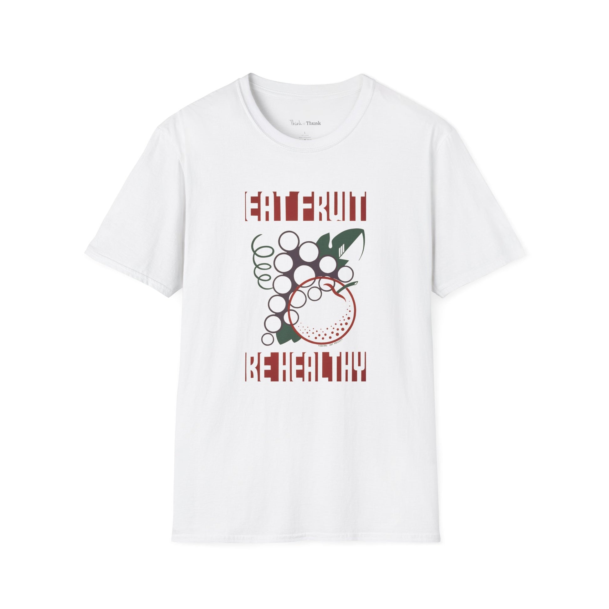 White t-shirt with a graphic design and the text "EAT FRUIT BE HEALTHY" on a white background