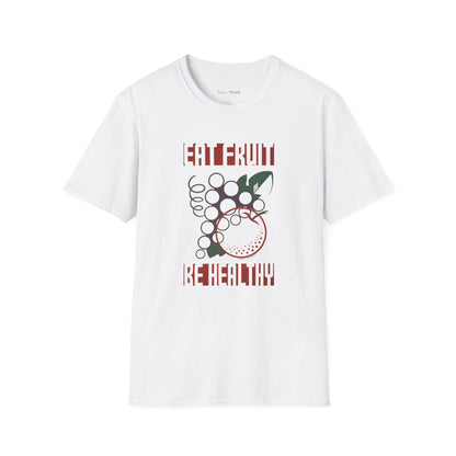 White t-shirt with a graphic design and the text "EAT FRUIT BE HEALTHY" on a white background