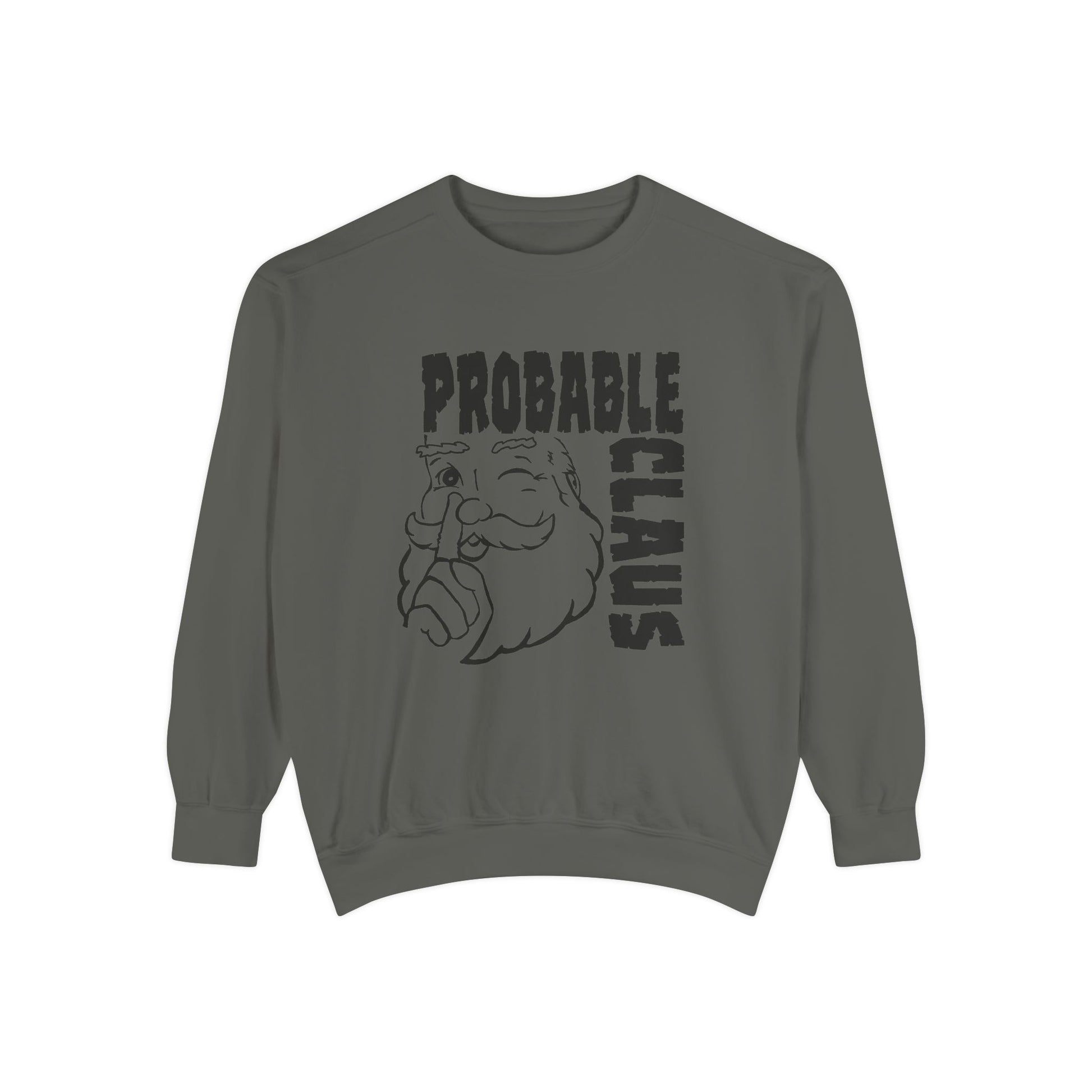 Gray sweatshirt with 'Probable Claus' graphic on a white background