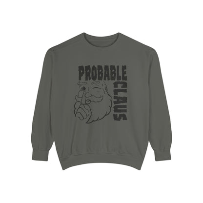 Gray sweatshirt with 'Probable Claus' graphic on a white background