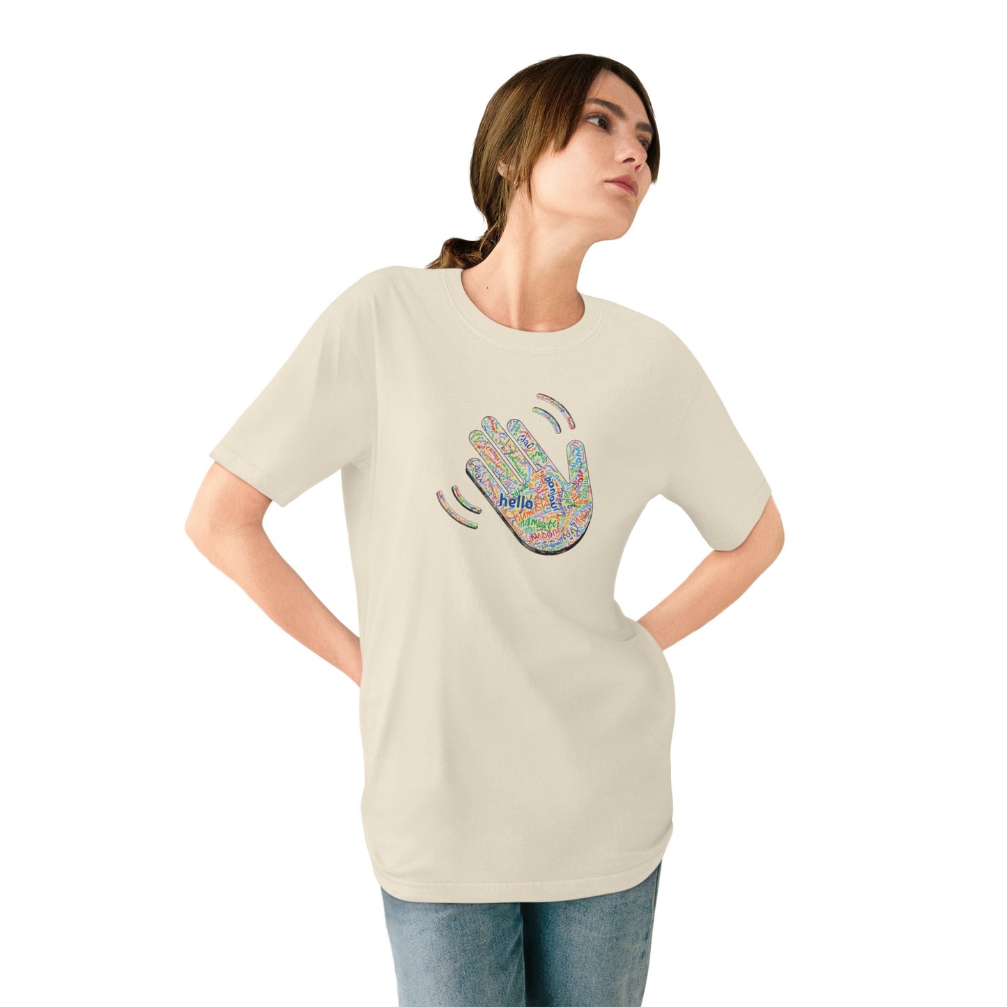 Woman wearing a beige t-shirt with a colorful hand design on a white background