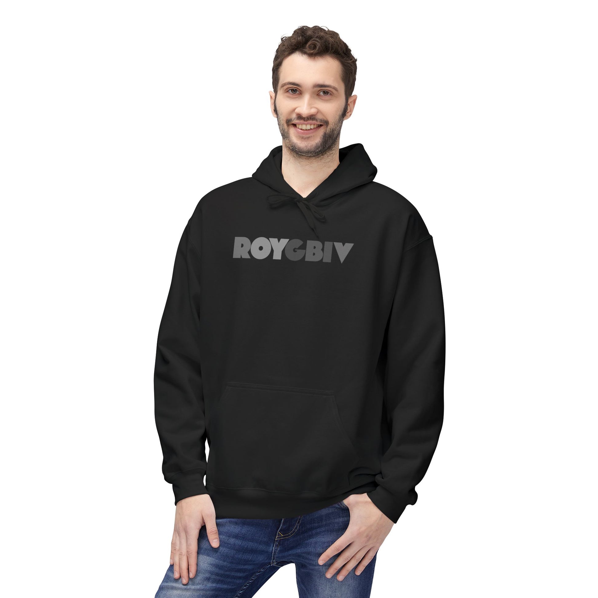 Man wearing a black hoodie with 'ROYGBIV' text on a white background