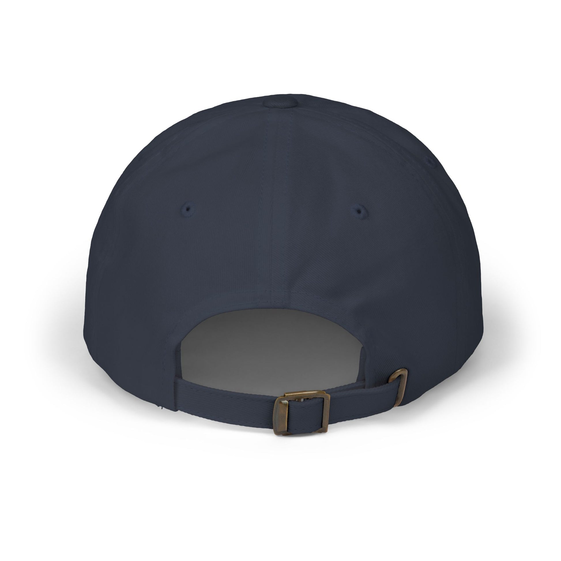 Navy blue cap with a brown buckle on a white background