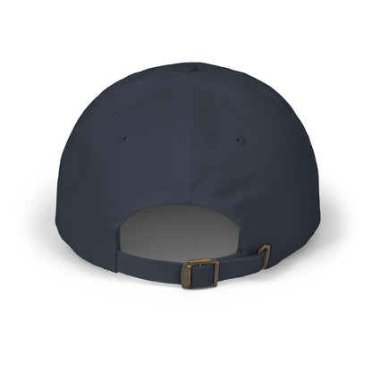 Navy blue cap with a brown buckle on a white background
