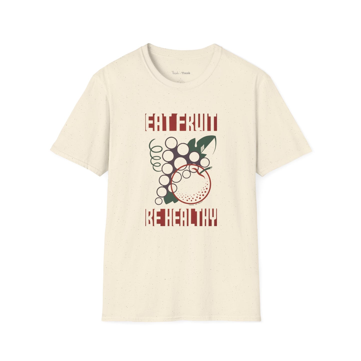 Beige t-shirt with a graphic design and text "EAT FRUIT BE HEALTHY" on a white background