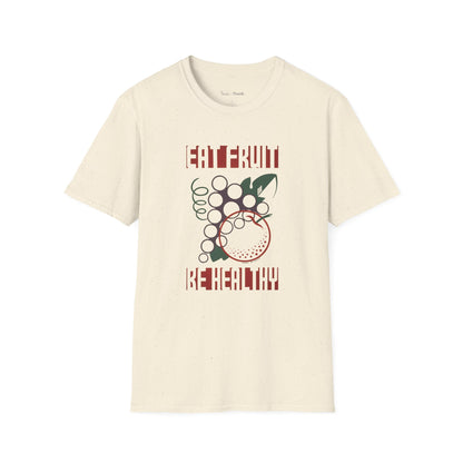 Beige t-shirt with a graphic design and text "EAT FRUIT BE HEALTHY" on a white background