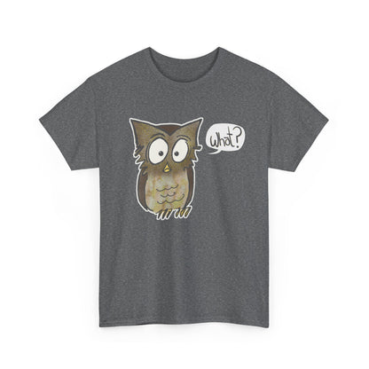 heather grey T-shirt with perplexed owl saying "What?"