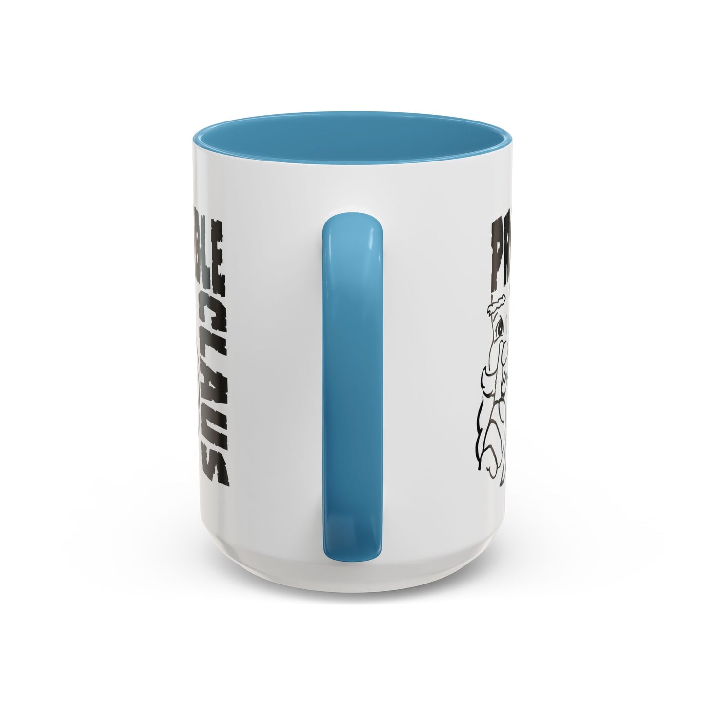 White mug with blue interior and handle, featuring text and graphics on a white background
